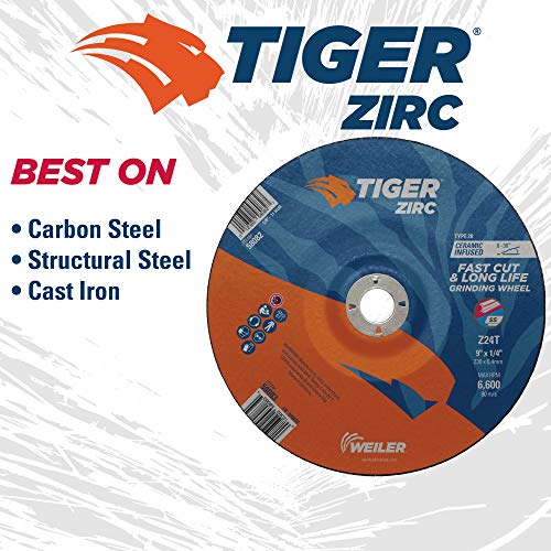 Image of Weiler 58083 9 inchX1 /4 inch, Tiger Zirc Type 28 Grinding Wheel, Z24T, 7 /8 inch A.H (Pack of 10)