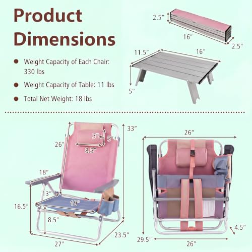 Image of Giantex Folding Beach Chair, Patio Sling Chairs with 5 Adjustable Position, Head Pillow, Storage Bag, Towel Bar, Cup Holders, Backpack Chairs for Sunbathing, Camping Chair
