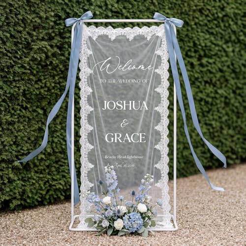 Personalized Wedding Welcome Fabric Sign Handmade Custom Names Date Sheer Lace Sign Banner Wedding Entrance Decor for Outdoor Ceremony Garden Lawn Indoor Reception Backdrop