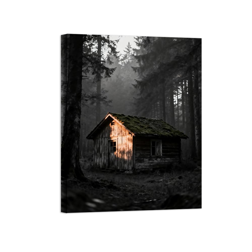 OZPWBVY Black and White Landscape Print Painting-Forest House-Minimalist Canvas Wall Art Picture for Home Ready to Hang 24x31in 60x80cm Wrapped Canvas
