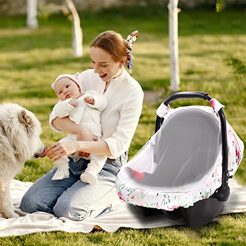 Image of Summer Baby Car Seat Cover, Baby Carseat Cover Girls, Privacy Carseat Canopy Protect Newborn, Breathable Comfortable, Watercolor Pink Flower