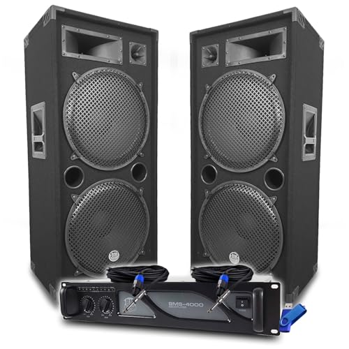Pack Sono DJ BM Bmsonic Amplificateur 4000W, Paire d'Enceintes Passives LSC215 2x2000W, Câbles Speakon, Sonorisation Pro+Clé 32G