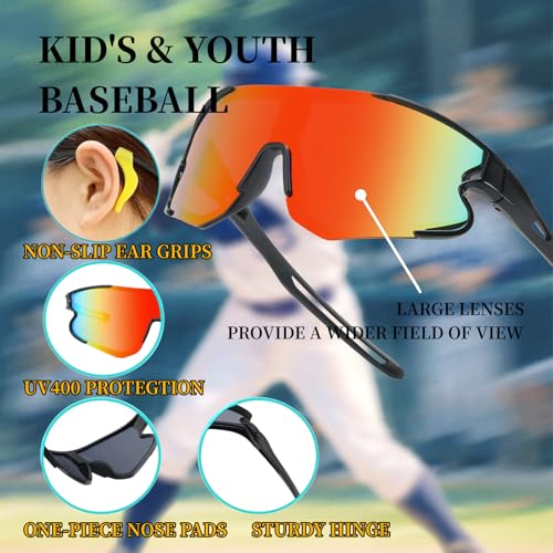 2Pack Youth Baseball Sunglasses for Boys Girls Age 4-12 Kids Sunglasses for Softball Tennis Cycling Golf2