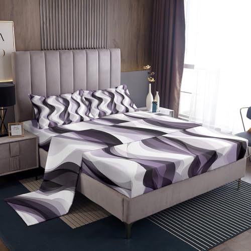 Homewish Juego de sábanas para cama individual con líneas geométricas moradas y blancas, juego de sábanas a rayas para mujeres, hombres y adultos, sábanas de arte estéticas geométricas modernas