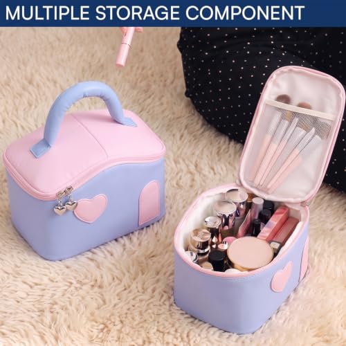 Image of House of Quirk Large Capacity Makeup Bag for Women, Portable Cosmetic Organizer, Water-Resistant Travel Toiletry Bag with Handle, Cute Heart Design, Zipper Vanity Storage Case (Blue /Pink)
