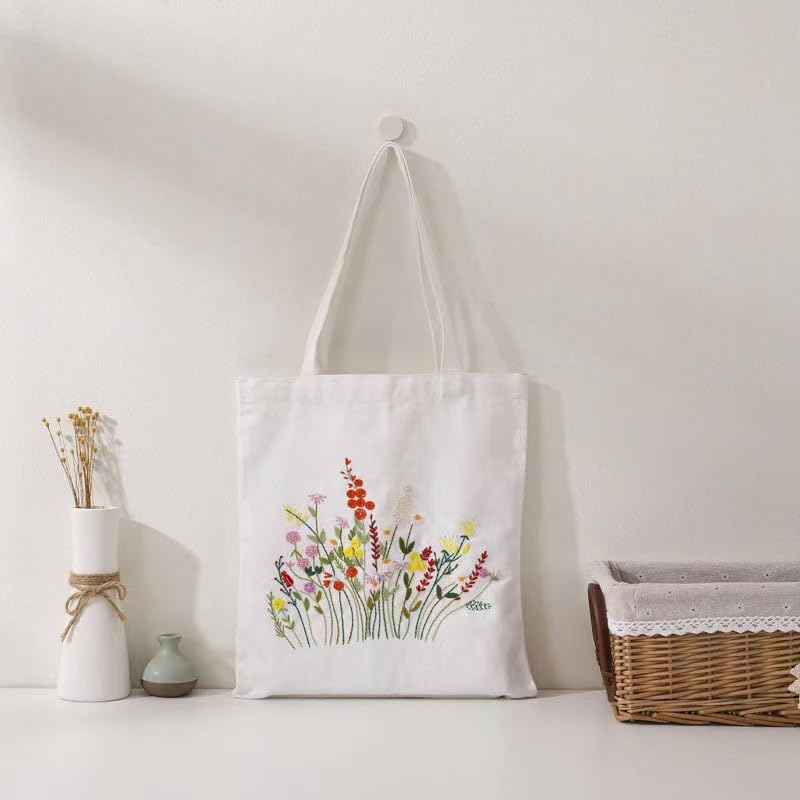 Image of Lightcoral Canvas Tote Bag Embroidery Kit,Flowers Art Pattern,Cross Stitch Kits, Including Stamped Embroidery Bag with Hoops,Needle, Instruction Manual and Color Threads for Beginner (AHJ-56)