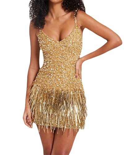 Kfsghdnz Damen Minikleid mit glitzernden Quasten, Pailletten, Fransen, V-Ausschnitt, ärmellos, offener Rücken, Spaghettiträger, Party, Clubwear,...