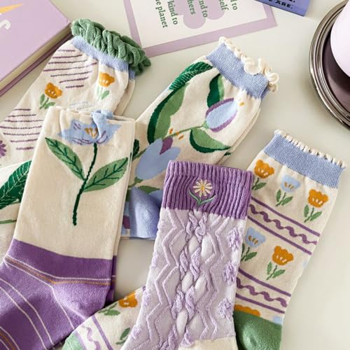 Image of HOMSSEM Floral Crew Socks - 5Pair Flower Graphic Soft Cotton Socks for Women, Teen Girls - for Sandals, - Cute Vibrant Colors