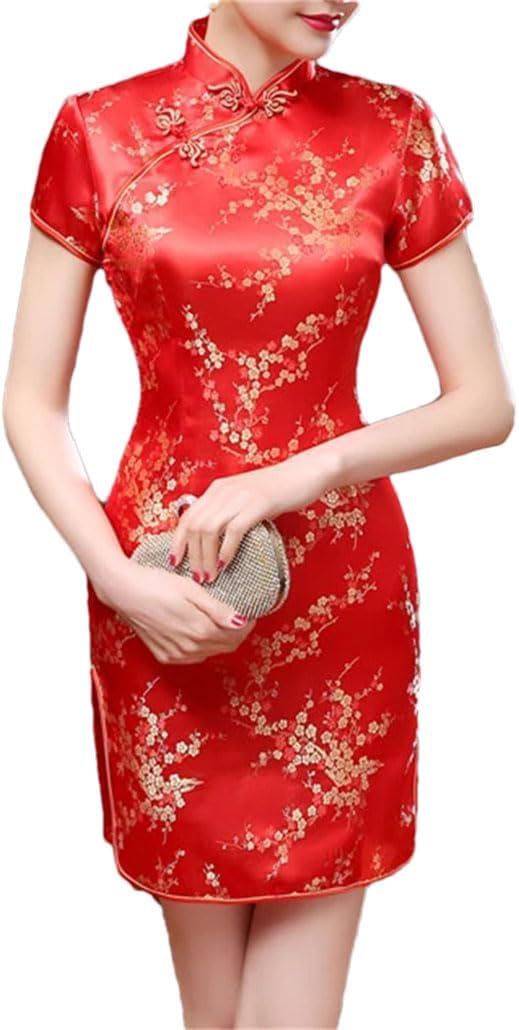 Womens Chinese Dresses Mini Retro Classic Brocade Mandarin Collar Cheongsam