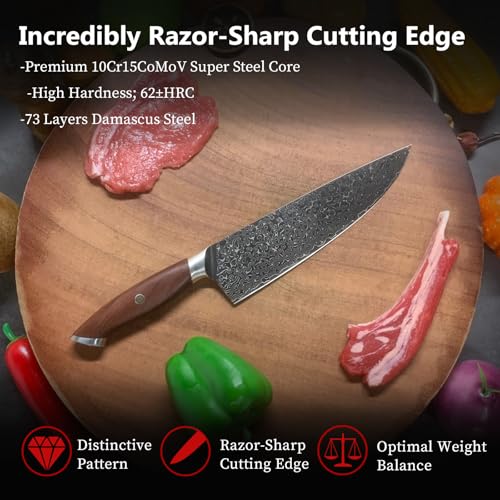 Kitory Chef Knife 8 Inch 73-Layer Damascus HC Steel Core Full Tang Red Sandalwood Handle Kitchen Knife Gift Box — view 6
