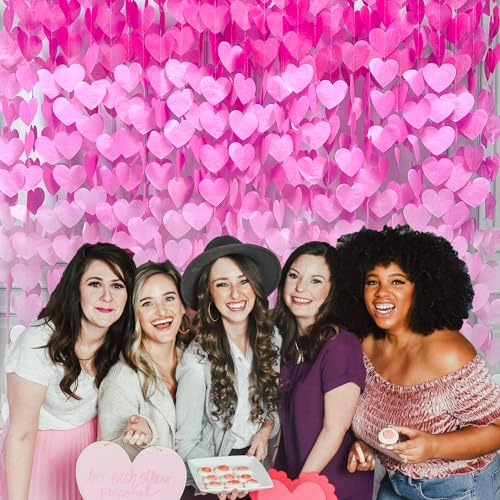Image of 205 Ft Hot Pink Party Decorations Ombre Pink White Heart Backdrop Streamer Tissue Paper Heart Hanging Garland for Birthday Bachelorette Valentines Day Wedding Bridal Shower Engagement Party Supplie