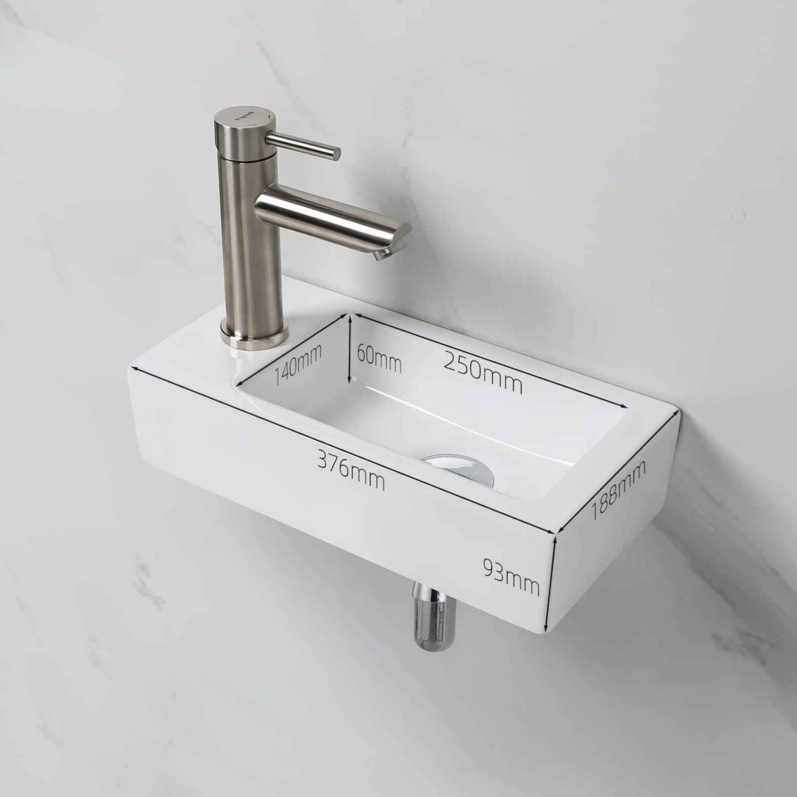 Ibergrif, M41102-L Prostokątna ceramiczna umywalka z 1 otworem na kran, lewa ręczna umywalka montowana na ścianie, mały rozmiar: 376 × 188 × 93 mm, biały