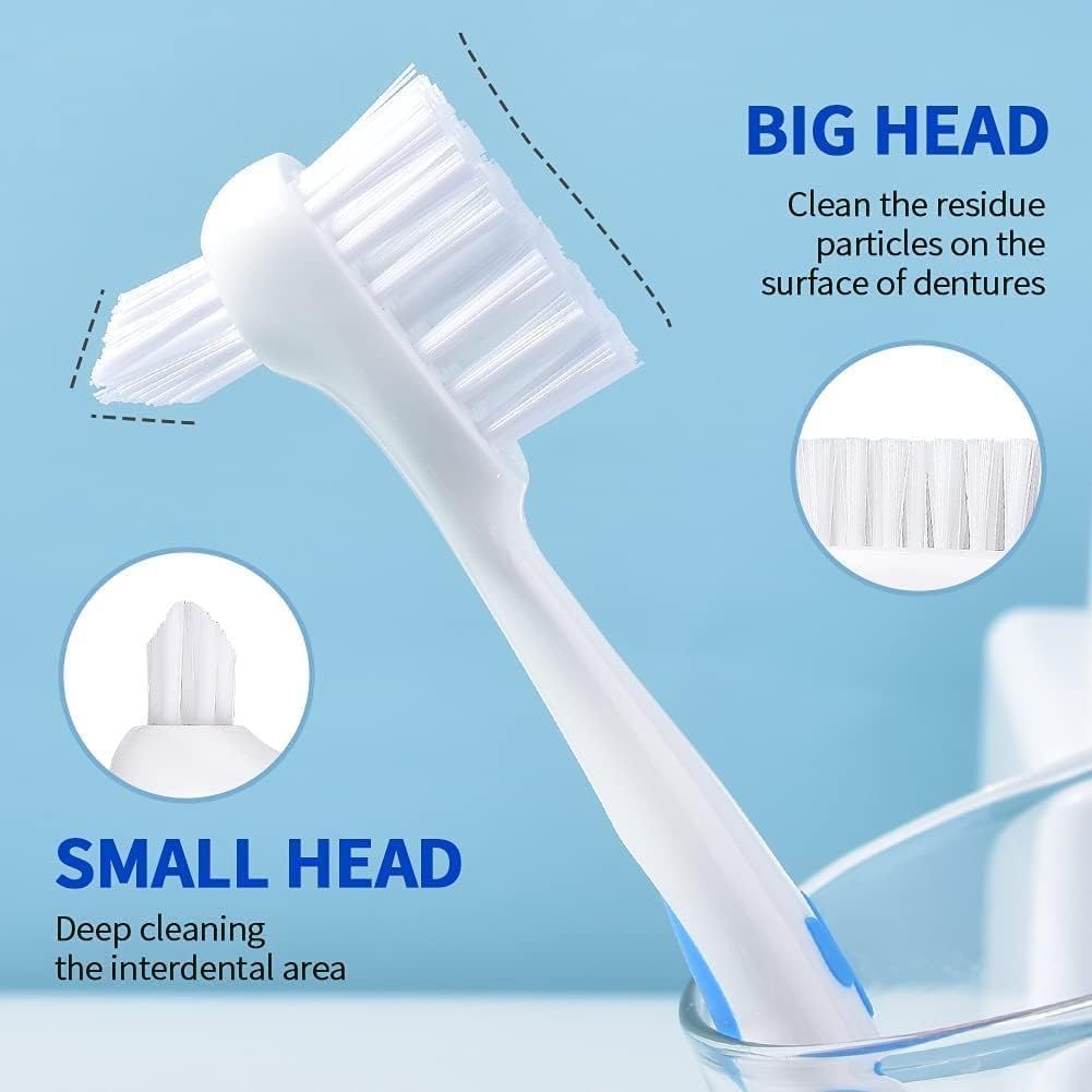 Y-Kelin Denture Brush Hard Bristles, Denture Toothbrush with Dual Head & Rubber Handle Non-Slip (Red+Blue, 2 Pcs)