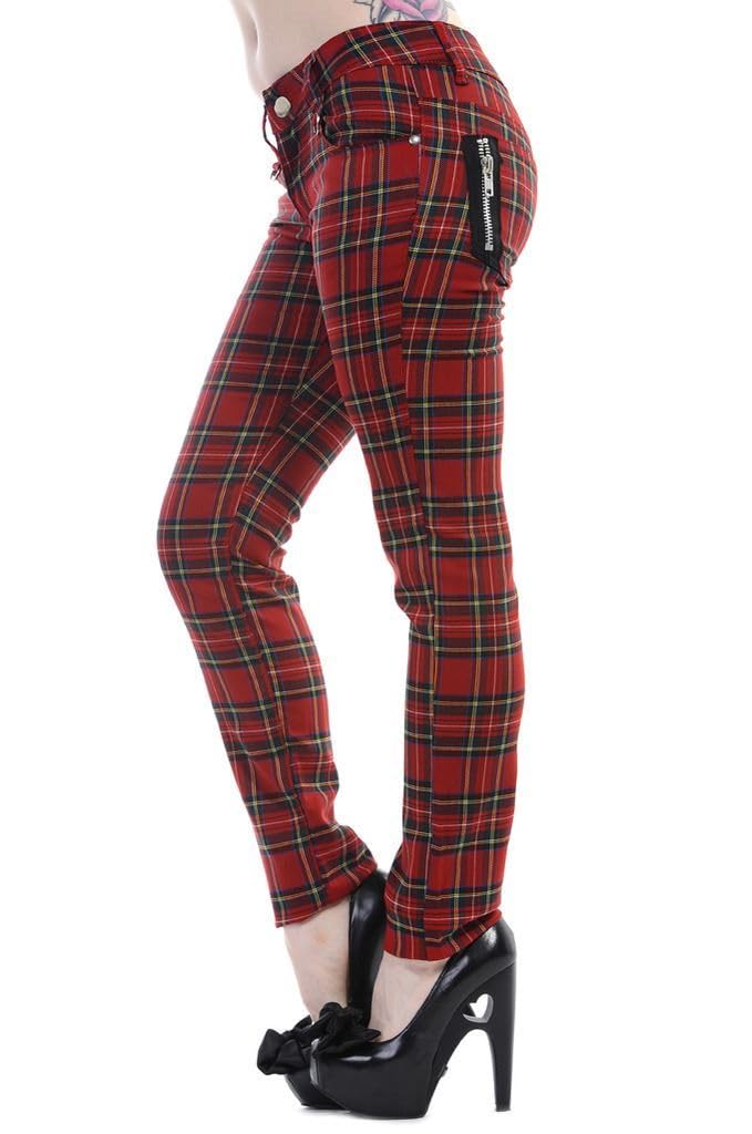 Ro Rox Banned Red Tartan Skinny Pants Womens Plaid Check Emo Punk Trousers Red XXL