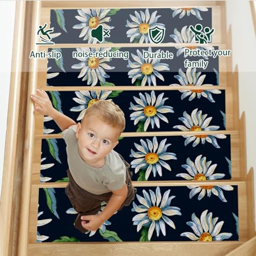 Protector de peldaños de madera interior en azul marino con margaritas 5