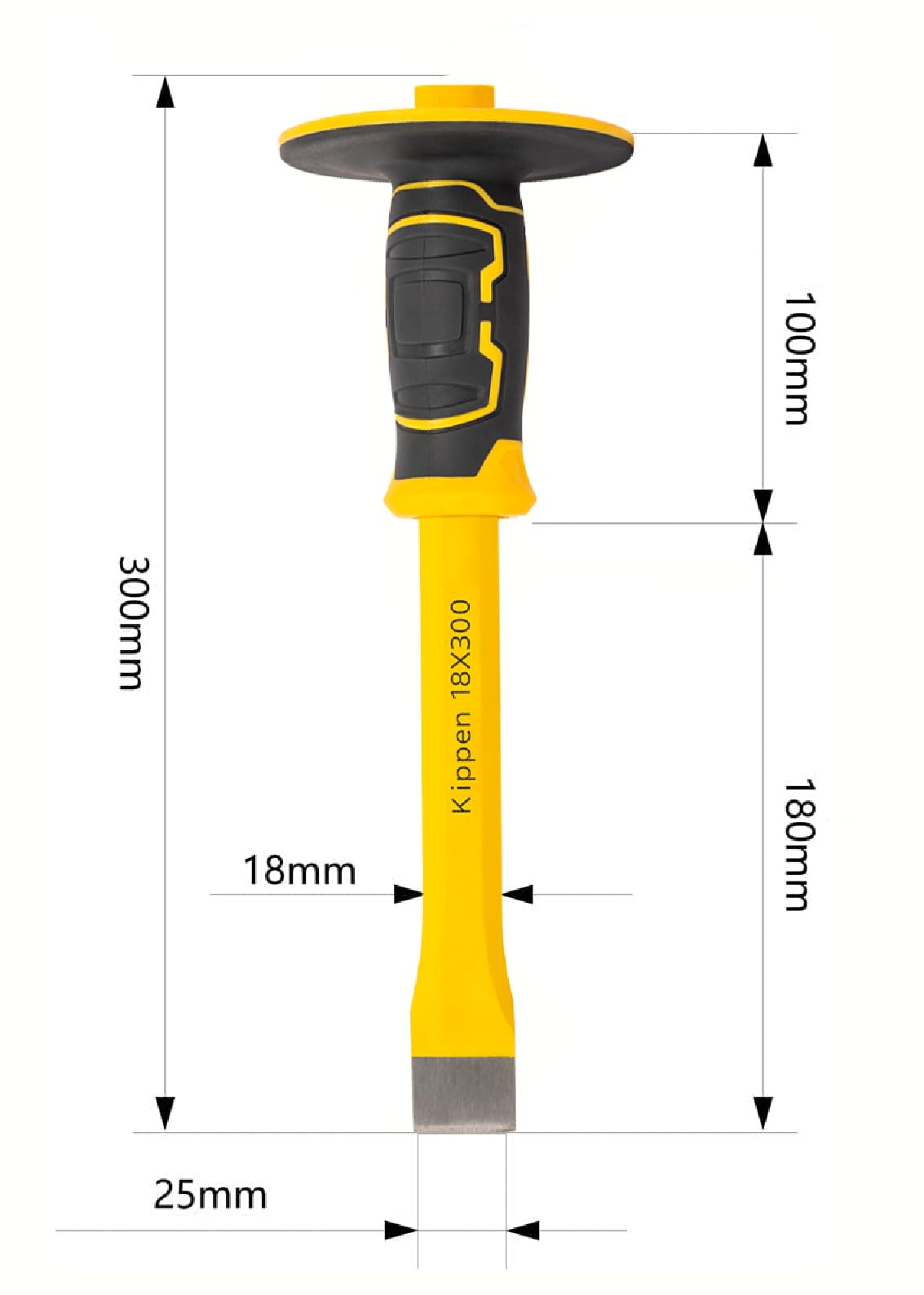 Kippen 3009X - Scalpello per Muratore a Punta Piatta con Impugnatura di Protezione in Materiale Bicomponente. Dimensioni: 300x18mm.
