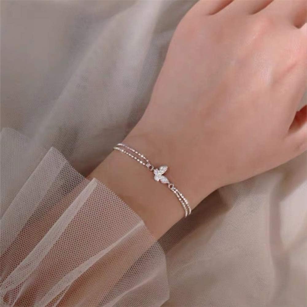 Pulsera de Amante de Mariposa de Cristal de Doble Capa y Brazalete para Mujeres Fiesta de Bodas
