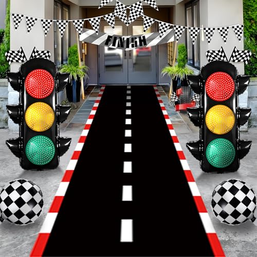 Image of Race Car Birthday Party Decorations with Traffic Light Balloons,Automobile Party Decorations for Kids Include Transportation Light Balloons Checkered Pennant Banner Checkered Balloon Race Track Cloth