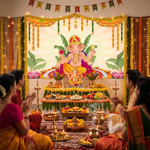 Image of Pooja Ganpati Decoration Banner Indian Puja Cloth Items Backdrop Traditional Chatiya Ganesh Mehndi Photography Background Wedding Festival Party Marigold Garlands Photo Booth 70.8x35.4inch