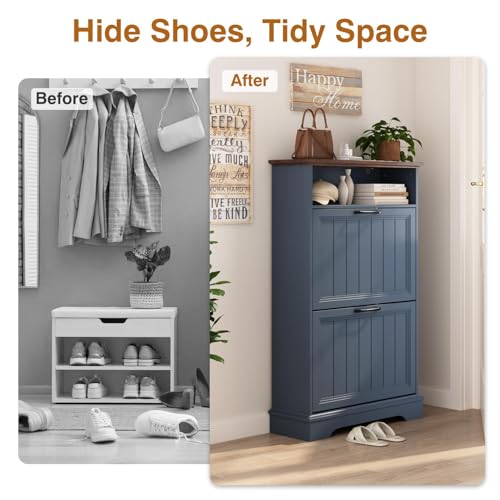 Image of 24 inch W Hidden Shoe Storage Cabinet with 2 Flip Drawers & Open Storage