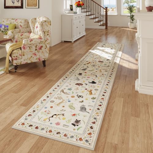 Runners for Kitchen Runner Rug Non Slip 2'x10' Long Washable Rugs with Rubber Backing Soft Floral Animal Cat Carpet Runner for Kitchen Laundry Bedroom Bathroom, Beige
