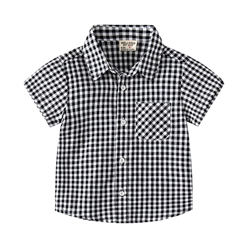 Toddler Baby Boys Girls Plaid Shirts Jacket Short Sleeve Lapel Button Down Shirt Top Outwear Summer Clothes with Pocket - Main Image