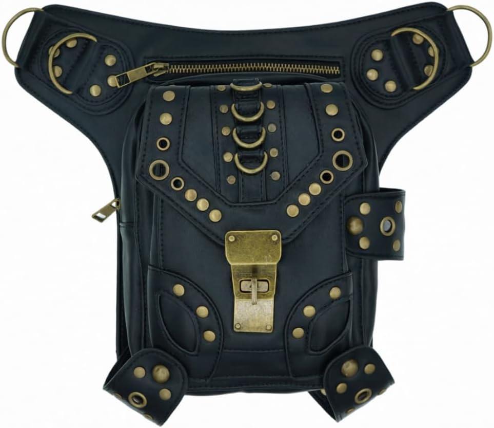 Black Fanny Waist Bag for Women of Steampunk Punk Rock Fashion Multiway Carry Style (black stud)