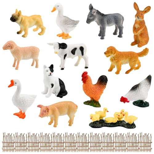 LANSKYLAN 13 PCS Figuras de Animales de Granja, Mini Figuras de Animales de Granja Realistas, Set de Figuras de Granja con 12 Vallas, Decoración para Fiesta de Cumpleaños y Navidad