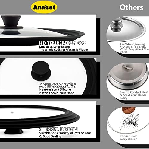 ANAEAT Silicone Universal Lid for Pots, Pans and Skillets - Tempered Glass Covered with Heat Resistant Silicone Rim Fits All 18cm to 30cm Diameter Cookware -Easy to Use Replacement Frying Pan Cover