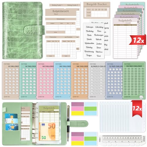 Budget Planner Deutsch - Bugetplaner Deutsch Startset mit 8 Sparchallenges - Finanzplaner Haushaltsbuch - Geld Organizer Sparbuch - Cash Stuffing - Budget Binder A6 Leder - Sparen mit Umschlagmethode