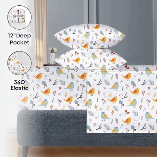 Image of SGI 108 inchx80 inch 4 Pc Short Alaskan King Sheet Set 600 TC 12 inch Deep, Spring Bird