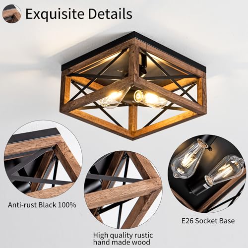 Rpzloila 8606-2X Flush Mount Ceiling Light Fixture For Kitchen Hallway, 2-Light Close To Ceiling Light With Black Metal And Wood Design, Rustic Farmhouse Ceiling thumb #6