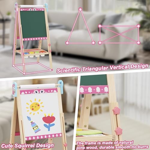 Kinder Staffelei 3 in 1 Maltafel Kindertafel mit Papierrolle, Doppelseitige, Höhenverstellbar Standtafel 95-125cm All-in-One Staffeleien mit 100+Pcs Malzubehör Schultafel fur Kinder ab 3-8 Jahre(Rosa)