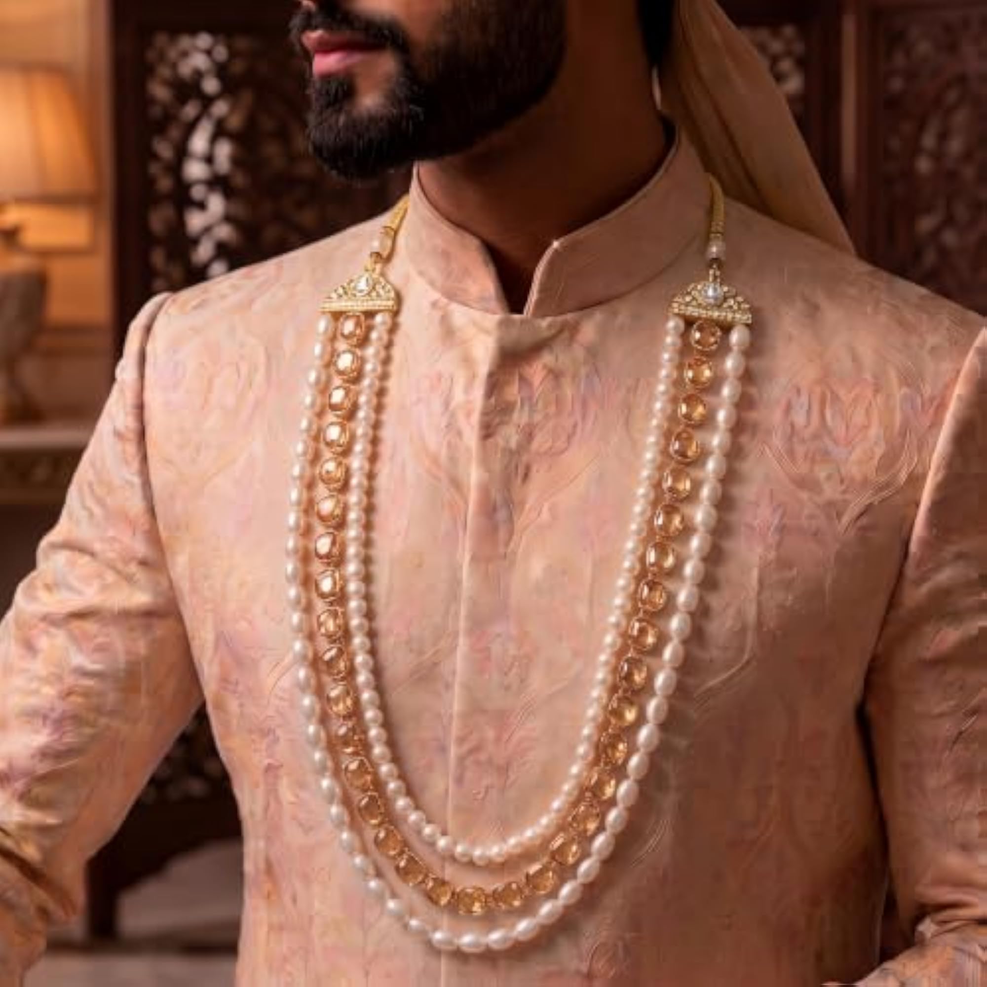 Men's 3-Layered Kundan & Pearl Dulha Mala for Sherwani