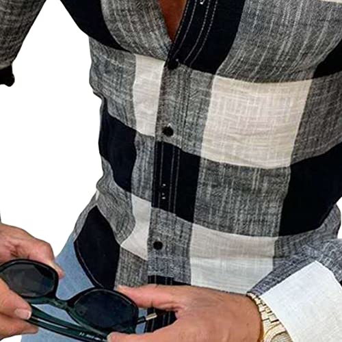 Men Collarless Plaid Long Sleeve Casual Shirt Business Dress Shirt Slim Fit Linen Beach Shirt Band-Collar Shirt4
