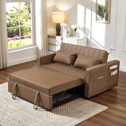 N NOORDENIYA 55 Leather Sofa Bed Pull Out Sleeper Sofa Couch Bed Loveseat Sleeper Futon Sofa Couch with Side Pocket Convertible Sofa Bed for Living Room Apartment Bedroom RV Brown