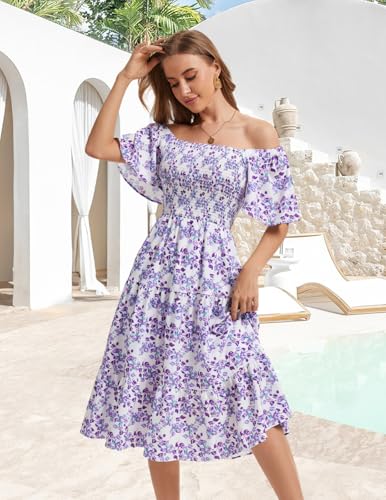 Image of Bbonlinedress Womens Casual Floral Summer Smocked Beach Party Boho Midi Square Neck Dress