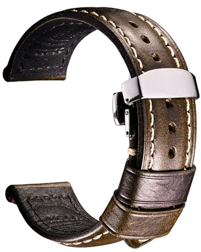 REZERO Leather Watch Bands, Thickened Vintage Watch Strap - Butterfly Clasp, Coffee Brown, 22mm, Casual