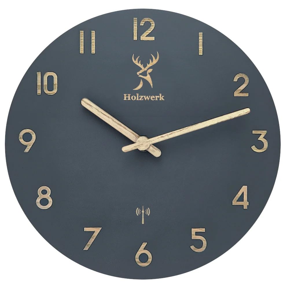 Horloge murale radio-pilotée bois silencieuse vintage gris 25 cm Holzwerk Bamberg