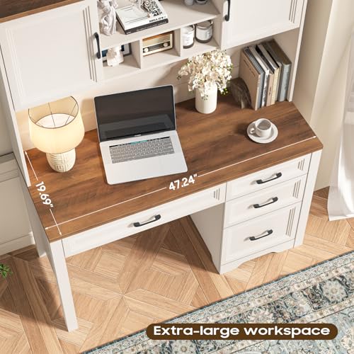 Image of Vabches Farmhouse Executive Desk with 4 Drawers and Storage Cabinet, Rustic Large Home Writing Desk with Hutch, Workstation for Bedroom, White