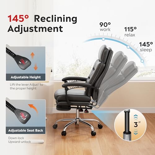 Image of DEVAISE Executive Leather Home Office Chair with Footrest, High Back and Heavy Duty, Comfortable Big and Tall Ergonomic Desk Chair with Lumbar Support, Comfy Reclining, SGS Class 4 Gas Lift, Black