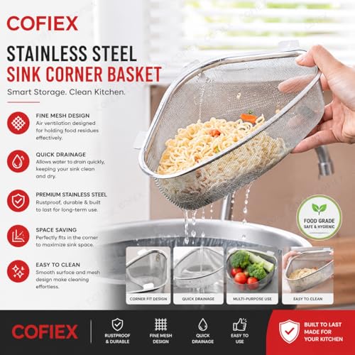 Image of Stainless Steel Sink Corner Strainer Triangle Drainer Basket & Shelf Organizer - Rust-Resistant Corner Rack for Kitchen Sink, Multi-Use Soap, Sponge, Fruit & Vegetable Holder