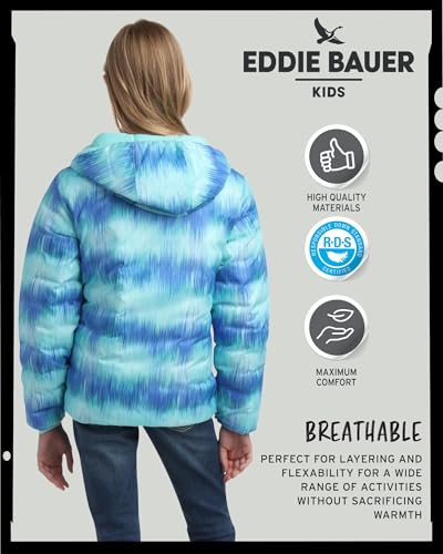 Image of Eddie Bauer Girls' Jacket - CirrusLite Weather Resistant Down Coat for Girls - Insulated Quilted Bubble Puffer (3-20), Size 14-16, Aruba Blue - Reversible