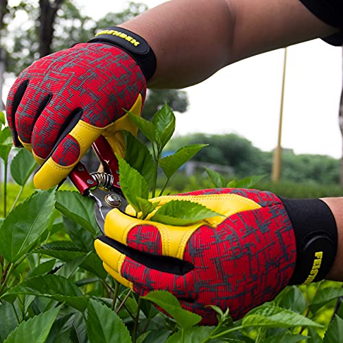 Feishdek Gardening Gloves For Women And Men, Touchscreen Sheepskin Leather Garden Work Gloves For Flexible Breathable Yard Working (Small, Red) #TOP3