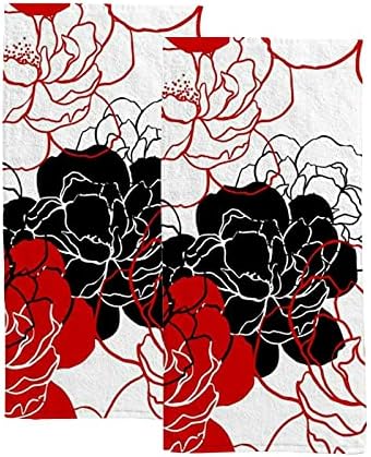 Vantaso Peonies Flower Black Red Hand Towels Set 2 for Bathroom Kitchen Towels Microfiber Bath Towel Absorbent Fingertip Towel Multiprupose for Guest Gym Spa and Bar 30 x 15 inch