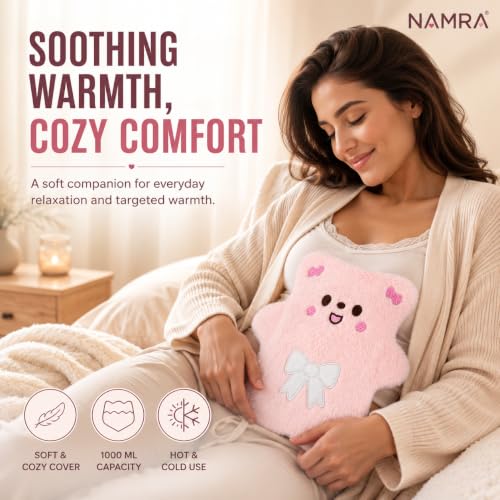 Image of Cute Hot Water Bag 1000 ML with Soft Cover | Pink | Reusable Heating Bottle for Period, Back, Neck & Shoulder Comfort | Hot & Cold Compress | Hand & Foot Warmer
