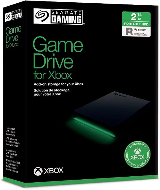 Seagate Game Drive for Xbox, 2TB, Zewnętrzny, przenośny dysk HDD  USB 3.2 Gen 1, czarny z wbudowanym zielonym paskiem diod LED, certyfikat Xbox, 3-letnie usługi Rescue (STKX2000400)