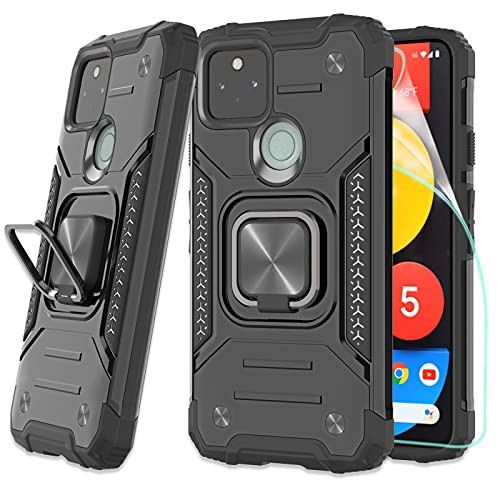 ZingCon Compatible for Google Pixel 5 Phone Case,[HD Screen Protector] Shockproof Protective Case Strengthen Corner Ring Kickstand Fit Magnetic Car Mount for Pixel 5-Black