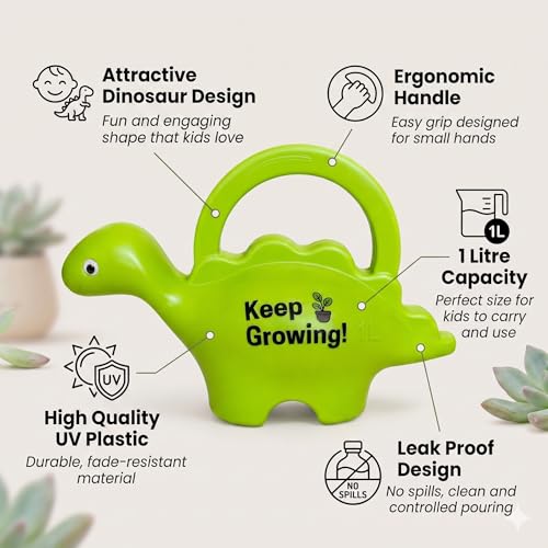 Image of Kids Dinosaur Watering Can (1 Litre) - inchKeep Growing inch Cute Gardening Water Can for Kids, Lightweight Leak-Proof Plastic, Easy Grip Handle, Indoor Outdoor Plants Watering Toy | 10 Inches