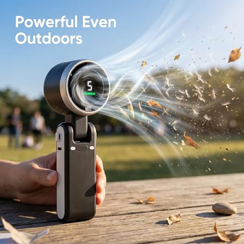 Image of GISMO Portable Handheld Fan with LED Display, 1200mAh USB Rechargeable Mini Fan, 5 Speed Adjustable Turbo Personal Cooling Fan, Foldable Desk Fan for Travel /Office /Outdoor /Home Use - Black